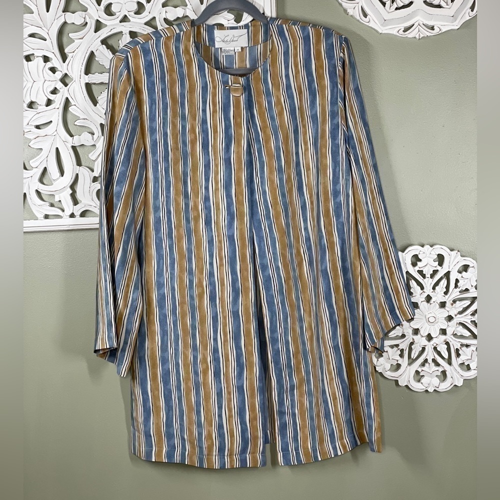 Linda David 100% Silk Stripe Tunic Blue Tan Medium